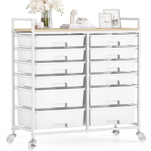 Rolling Storage Cart with 12 Drawers, Wooden Tabletop Utility Cart for Craft Storage, Art Supply Storage & Home Office Organization, Teacher Cart with Wheels for Classroom, School (White) - color: White