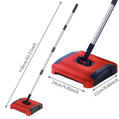 Carpet Sweeper Manual 3 Rolling Brushes Floor Sweeper with Wheels and Large Waste Bin, 43inch Detachable Carpet Cleaner for Pet Hair Dust Debris, Sweepers