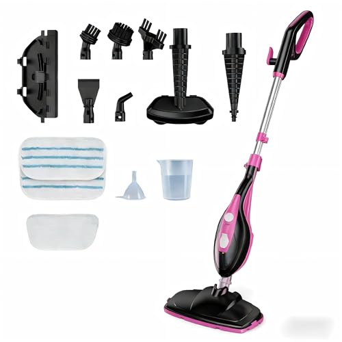 OLIXIS 10-in-1 Steam Mop, 1550W Detachable Handheld Steam Cleaner for Floor Cleaning, 16.4FT Cord, 2 Washable Pads, Multi-Purpose Floor Steamer for Hardwood, Carpet, Tile, Grout, Windows, Black Pink - color: Black Pink, size: 12.4"*6.89"*47.24"