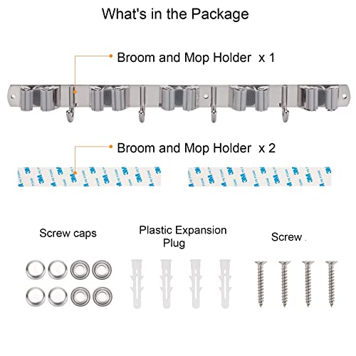Mop and Broom Holder Wall Mount, Broom Hanger Wall Mount, 17" Mop Holder Stainless Steel with 5 Rack 4 Hooks for Home, Kitchen, Laundry Room, Garage, Garden, Bathroom, and 1 hook Separated included