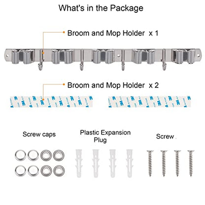 Mop and Broom Holder Wall Mount, Broom Hanger Wall Mount, 17" Mop Holder Stainless Steel with 5 Rack 4 Hooks for Home, Kitchen, Laundry Room, Garage, Garden, Bathroom, and 1 hook Separated included