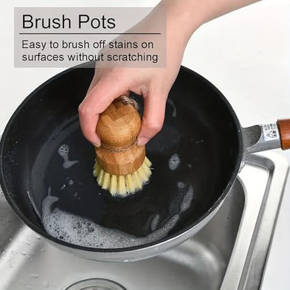 2 Pcs Bamboo Dish Brush, Palm Round Mini Pot Brush Natural Scrub Brush Durable Scrubber Cleaning Kit with Union Fiber for Cleaning Pots and Pans