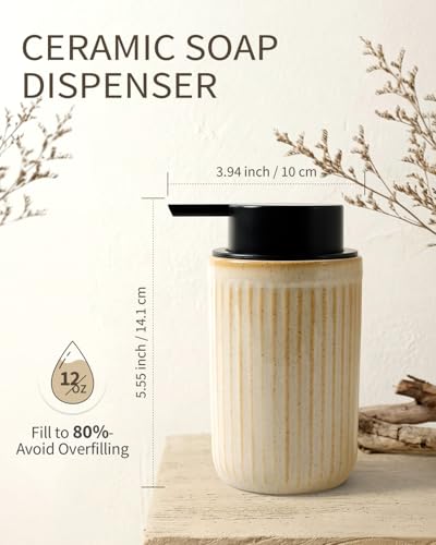 BosilunLife Foam Hand Soap Dispenser - Ceramic Foaming Soap Dispenser for Bathroom 12oz Refillable Liquid Lotion Soap Dispenser with Rust-Proof Foaming Pump for Countertop, Greige - color: Greige Foam Pump