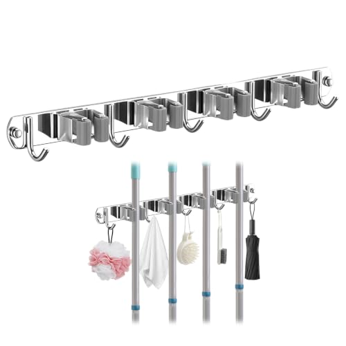 Upgrade Broom Holder Wall Mount, 304 Stainless Steel Mop & Broom Storage Organizer with Hooks, Self-Adhesive or Screw Install for Bathroom Garage Kitchen (grey, 4 Racks and 5 Hooks) - color: grey, size: 4 Racks and 5 Hooks