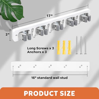 IMILLET Broom Holder Wall Mount, Wood Broom Holder with 5 Racks and 4 Hooks Broom Organizer, Laundry Room Organization and Storage, Mop Hanger for Home Organization, Garden, Garage, Closet (White) - style: Rustic