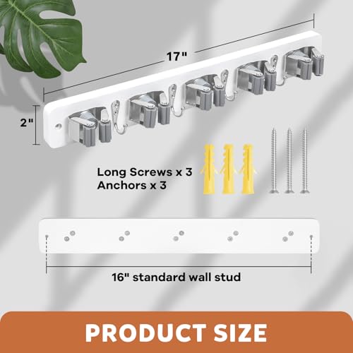 IMILLET Broom Holder Wall Mount, Wood Broom Holder with 5 Racks and 4 Hooks Broom Organizer, Laundry Room Organization and Storage, Mop Hanger for Home Organization, Garden, Garage, Closet (White) - style: Rustic