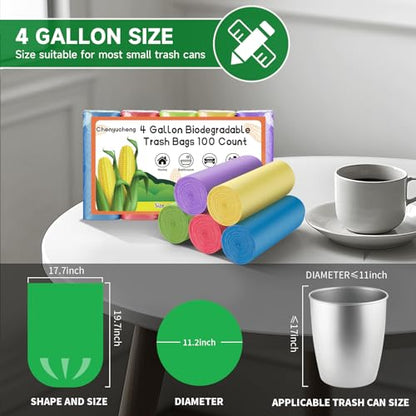 4 Gallon Small Bathroom Trash Bags Biodegradable 100 Count | 4 Gal Mini Garbage Bags,Colorful 15 Liter Waste Basket Liners For Kitchen Office Car Unscented Strong Thick - style: 4gallon Colorful 100