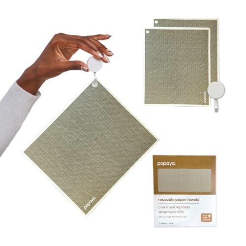 Papaya Reusable Paper Towels, Premium Swedish Dishcloths with Hook, Non-Scratch Reusable Paper Towel, 1 Sheet Replaces 17 Rolls - 2 Sheets, 1 Hook - color: Olive Martini