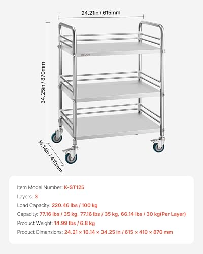 VEVOR Stainless Steel Rolling Cart, 3-Tier Metal Utility Cart with Lockable Wheels, Medical Serving Trolley Clinic Tray, Mobile Service Cart for Hospital, Lab, Restaurant, Kitchen, Salon - size: 3-Layer Shelf
