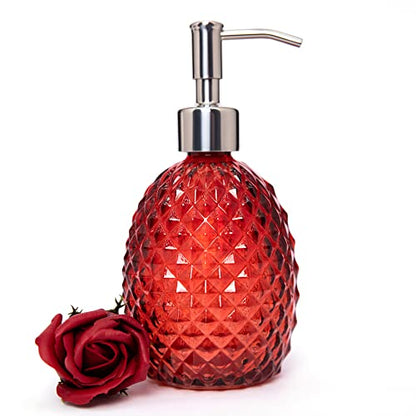 Glass Soap Dispenser with Stainless Steel Pump, 12oz Clear Dish Soap/Hand Soap/Laundry Soap/Lotion Dispenser, Refillable Liquid Dispenser for Bathroom Kitchen Shower (Bright red) - color: Red