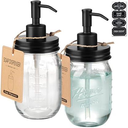 SheeChung 16 Oz Mason Jar Liquid Soap Dispenser, Glass Hand Soap Dispenser, Stainless Steel Pump Lid, Refillable Lotion Dispensers for Bathroom Countertop Kitchen (2, Black) - color: Black-2 Pack