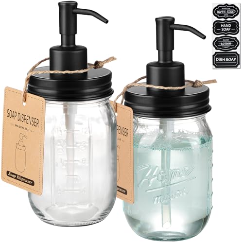 SheeChung 16 Oz Mason Jar Liquid Soap Dispenser, Glass Hand Soap Dispenser, Stainless Steel Pump Lid, Refillable Lotion Dispensers for Bathroom Countertop Kitchen (2, Black) - color: Black-2 Pack