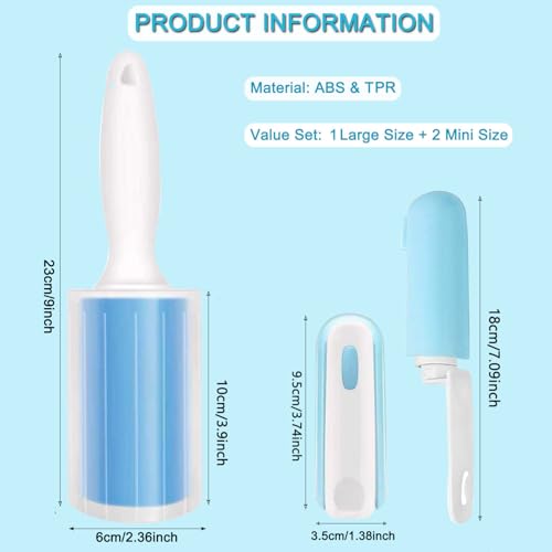 Reusable Washable Lint Roller 3 Pack, Sticky Gel Lint Rollers, Cat Dog Pet Hair Lint Remver Cleaner for Clothes, Carpet, Travel, 1 Large Roller with Dust Cover and 2 Mini Portable Small Lint Brush - size: 1 Large+2 Mini
