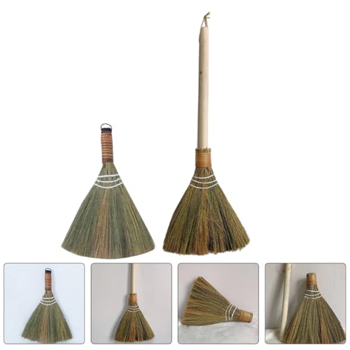 Abaodam 2pcs Hand Woven Brooms with Detachable Long Handle, Soft Straw Multipurpose Desk and Floor Cleaning Sweeper for Home Dust Removal