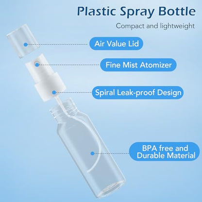 Zoizocp Spray Bottles, 2oz/50ml Clear Empty Fine Mist Plastic Mini Travel Bottle Set, Small Refillable Liquid Containers with 2pcs Funnels and 24pcs Labels (6 Pack) - color: Clear（BPA+TSA）-2oz