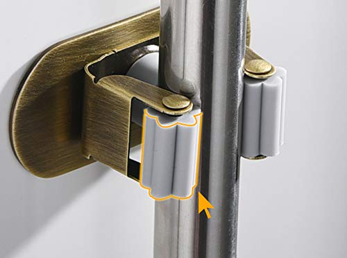 Mop Broom Holder Wall Mount Garden Tool Organizer, Brass Heavy Duty Tool Hanger with 3 Racks 4 Hooks for Kitchen Bathroom Closet Garage Office Laundry