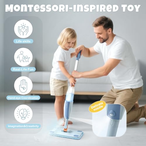 Dreamon Kids Spray Mop - Real Working Toddler Cleaning Set with Water Sprayer & 3 Washable Mop Pads & Scraper, Pretend Play Montessori Housekeeping Toys Gifts for Toddlers Kids Girls Boys(Blue) - color: Blue