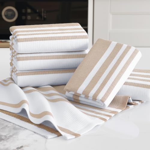 Homaxy Premium Kitchen Towels 18”x 28”, Large Cotton 380 GSM Kitchen Hand Towels, Stripe and Terry Dish Towel, Highly Absorbent Tea Towel Set with Hanging Loop, 6 Pack, Khaki - color: Khaki Stripe, style: 6-pack