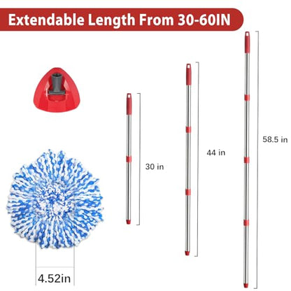 Spin Mop Set Compatible with O Cedar Rinse Clean 2-Tank System, Include 2 Blue Mop Heads Replacements, 1 Base, 1 Mop Handle (30-58in) Combo, Microfiber Spin Mop Replacement Head Replacement