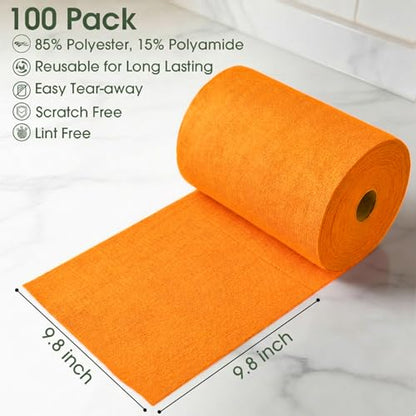 Microfiber Cleaning Cloth Roll–100 Pack, Tear Away Microfiber Towels, Reusable, Washable, Scratch-Free, Kitchen Towels for Car, Home, Kitchen, Glass, Dishes(Honey Orange) - color: Honey Orange