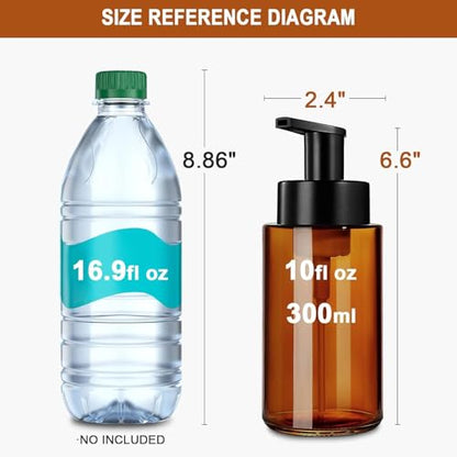 RYTOXILO Amber Foam Soap Dispenser, 10 oz/300ml Glass Foaming Soap Dispenser, 2 Pcs Foaming Hand Dispenser for Bathroom & Kitchen, Refillable Bottle with Waterproof Labels - color: Amber Bottle, size: 10 Fl oz