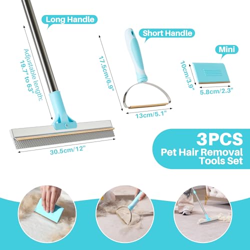 JOYMOOP 3 PCS Carpet Rake for Pet Hair Removal, 63" Adjustable Long Handle and Short Handle Reusable Pet Hair Remover, 1 Mini Cat Dog Hair Carpet Scraper for Rugs, Sofa,Cloth - size: 3 PCS[1 Long Handle+1 Short Handle+1 Mini]