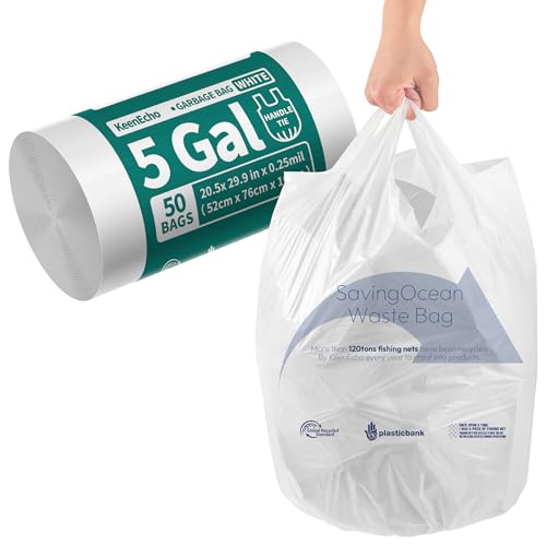 Small Trash Bags with Handles - Ocean Plastic Upcycling - Plastic Garbage Bags, Can Bin & Waste Basket Liner for Kitchen, Bathroom, Office and Pets,5 Gallon 50 Count White - color: 5Gal White, size: 1 ROLL