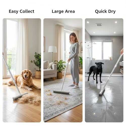 Generic 50.4 in Adjustable Pet Hair Broom with Silicone Squeegee, 12.2 in Head, White Brush for Tile Hardwood Carpet Cleaning