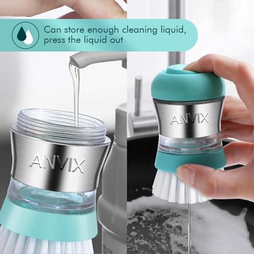 Soap Dispensing Palm Brush – Ergonomic Scrub Brush with Handle – Heavy-Duty Dish Scrubber with Soap Dispenser - Scrub Brushes for Cleaning with Push Button Soap Dispensing-Tiffany Blue