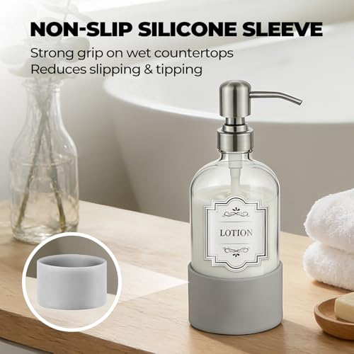 16 oz Hand and Dish Soap Dispenser Set for Kitchen and Bathroom, 500ml Clear Glass Soap Dispenser with Stainless Steel Pump, Non-Slip Silicone Sleeves, Labels - 2 Pack - color: Clear