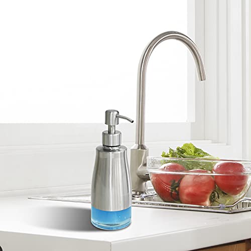 AUMIO Dish Soap Dispenser with Stickers, Kitchen Soap Dispensers Brushed Nickel Stainless Steel and Glass Combined, Refillable Liquid Hand Soap Dispenser for Bathroom & Kitchen (11OZ / 320ML) - color: Silver