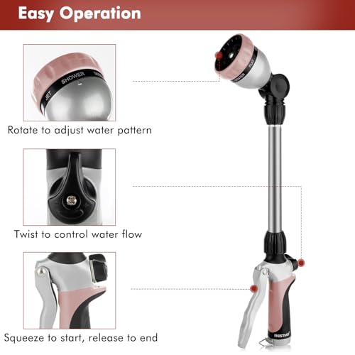 RESTMO Metal Watering Wand, Heavy Duty Garden Hose Wand with 180° Swivel Head, 16'' Hose Nozzle Sprayer with 7 Spray Patterns and Flow Control, for Water Hanging Baskets and Shrubs, Rose Gold - color: Rose Gold