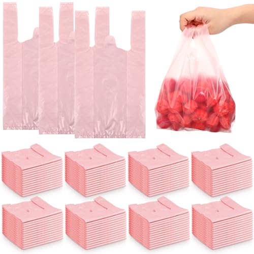 Dunzoom 1000 Pcs Small T Shirt Bags Bulk 7"x3.5"x13" Pink Plastic Shopping Bags with Handles for Small Business, Retail, Grocery, Merchandise, Convenience Store, Supermarket, Restaurant - color: Pink