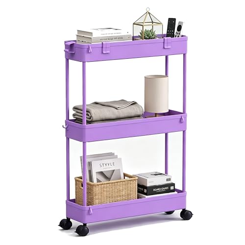 SPACELEAD Slim Storage Cart 3 Tier,Bathroom Organizer Rolling Utility,Mobile Shelving Unit Slide Out for Office, Kitchen, Laundry Room & Narrow Places,Purple - color: Purple