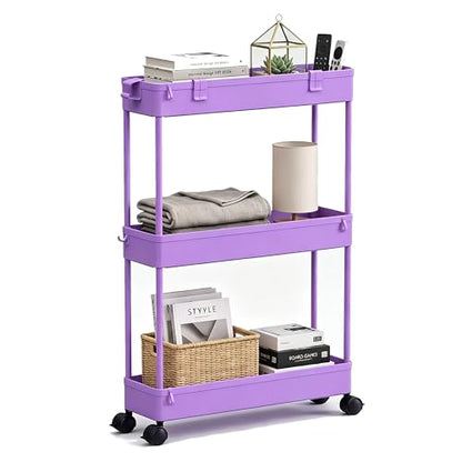 SPACELEAD Slim Storage Cart 3 Tier,Bathroom Organizer Rolling Utility,Mobile Shelving Unit Slide Out for Office, Kitchen, Laundry Room & Narrow Places,Purple - color: Purple