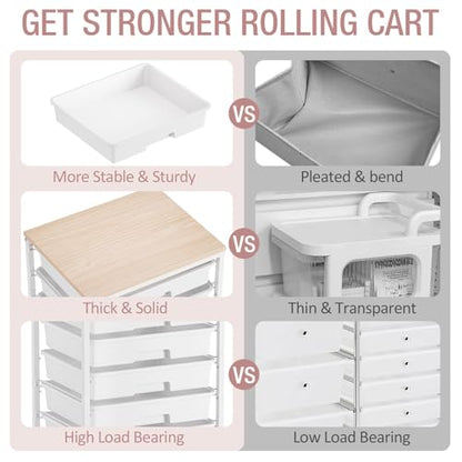 Storage Cart with 8 Drawers, Utility Cart with White Drawers and Wooden Tabletop, Craft Cart, Teacher Organization for Classroom,White - color: White
