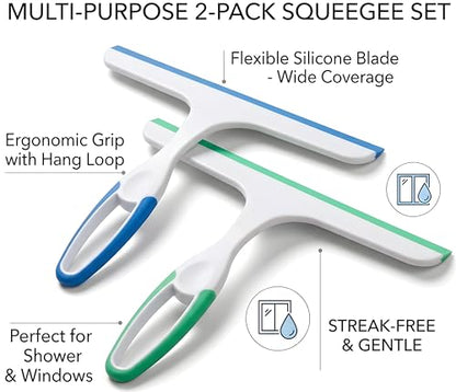 2 Pack Shower Squeegee for Glass Doors – 9.5” Silicone Blade Window Cleaner Tool (Blue & Green) – Bathroom, Car Windshield, Mirror & Tile Cleaning Wiper with Hook – Lightweight Ergonomic Handle