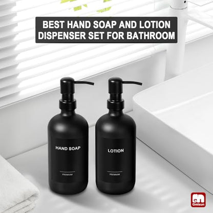 GMISUN Black Soap Dispenser, 2 Pack Matte Black Hand Soap Dispensers Bathroom with Stainless Steel Pump, 17 Fl Oz Glass Dish Soap Dispenser Set for Kitchen, Modern Liquid Soap Bottle with Labels - color: Black Bottle + Black Pump