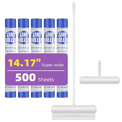 Extra-Wide Lint Roller Kit, 500 Sheets, Pet Hair/Lint/Debris Remover. | Dust Cover Extendable Handle 14.17" Width 5 Refills 100 Sheets/Roll