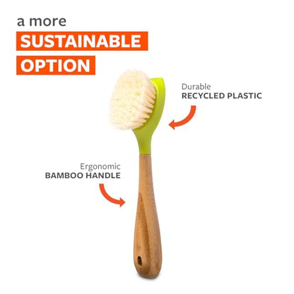 Full Circle Daily Dish Brush-Bamboo Handle Dish Brush–Sustainable Kitchen Cleaning with Tough Bristles-Natural Dish Scrubber, Nonstick & Cast Iron Cleaner-Long Handle Brush for Dishes, Pots, and Pans - color: Green