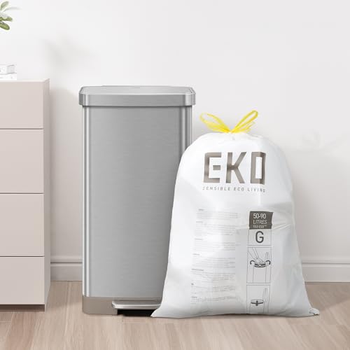 EKO 21 Gallon / 50-90 Liter, 60 Count Drawstring Trash Bags, Extra-Strong Garbage Bags, Fresh Floral Scent with Continuous Odor Control, Easy-Dispense Roll for Kitchen and Household Use, Code G, White - size: 60 Count (Pack of 1), style: 21 Gallon Bags/Co