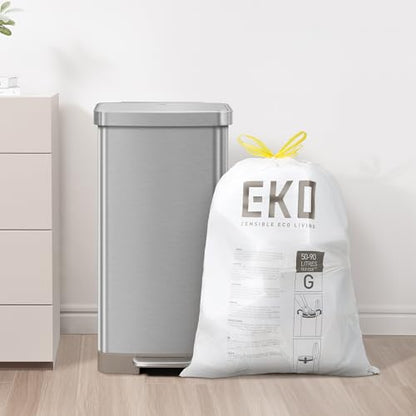 EKO 21 Gallon / 50-90 Liter,110 CountDrawstring Trash Bags, Extra-Strong Unscented Garbage Bags, Easy-Dispense Roll for Kitchen & Household Use, Resists Tears, Leaks and Punctures, Code G, White - size: 110 Count (Pack of 1), style: 21 Gallon Bags/Code G
