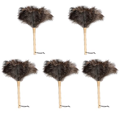 Ostrich Feather Duster 16 inch Fluffy Natural Genuine Ostrich Feathers with Wooden Handle and Eco-Friendly Reusable Handheld Ostrich Feather Duster for Cleaning Supplies(5PCS) - color: Model-a-brown-5 Pieces
