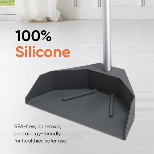 Superio Silicone Dust Pan with 35" Aluminum Long Handle & 16 Pet Hair Remover Silicone Broom - Lobby Dustpan Stand-Up & Carpet Rake Set for Hardwood, Tile, and Rugs - Gray - style: Dustpan with Broom