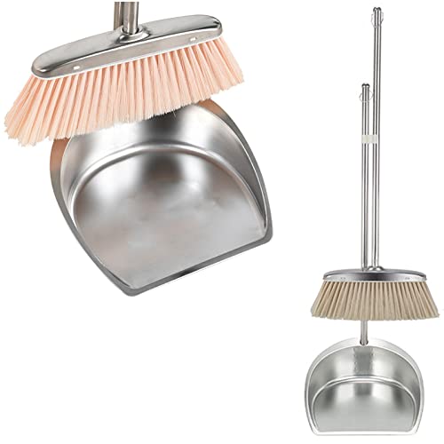 Broom and Dustpan Set with Long Handle, Upright Stainless Steel Dustpan and Broom Combo, Heavy Duty Dust Pans with Broom for Home Kitchen Office Lobby Floor,Khaki - color: Khaki