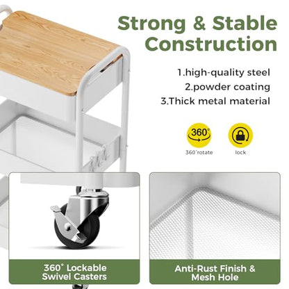 3 Tier Rolling Cart with Table top, Metal Rolling Utility Cart on Wheels, Sturdy Storage Organizer Cart with Hooks for Office, Classroom, Kitchen and Bathroom (White) - color: White