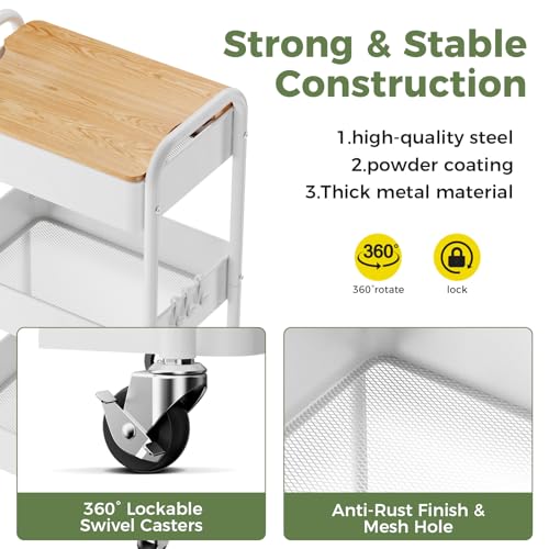 3 Tier Rolling Cart with Table top, Metal Rolling Utility Cart on Wheels, Sturdy Storage Organizer Cart with Hooks for Office, Classroom, Kitchen and Bathroom (White) - color: White