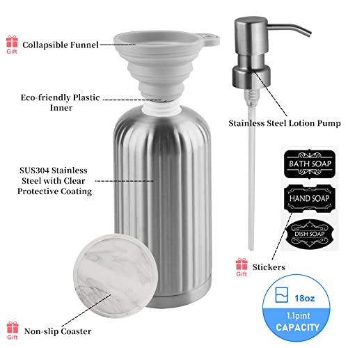 AUMIO Soap Dispenser 18 Oz with Non-Slip Coaster, Stripe Design Dish Soap Dispenser Brushed Nickel, Refillable Liquid Hand Soap Dispenser for Bathroom, Kitchen Soap Dispenser Premium Stainless Steel - color: Silver Stripes