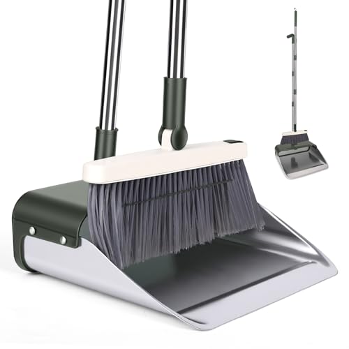 Broom with Dustpan Combo Set, Heavy Duty Standing Metal Dust Pan with Teeth, Indoor Outdoor Up for Home Kitchen Lobby Room Office, Green - color: Green