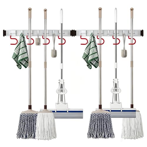 Wall Mounted Mop and Broom Holder Stainless Steel S Type Broom Rack Anti-Slip Mop Organizer (34Inches,8 Positions 6 Hooks, Red White) - size: Red White-34inch